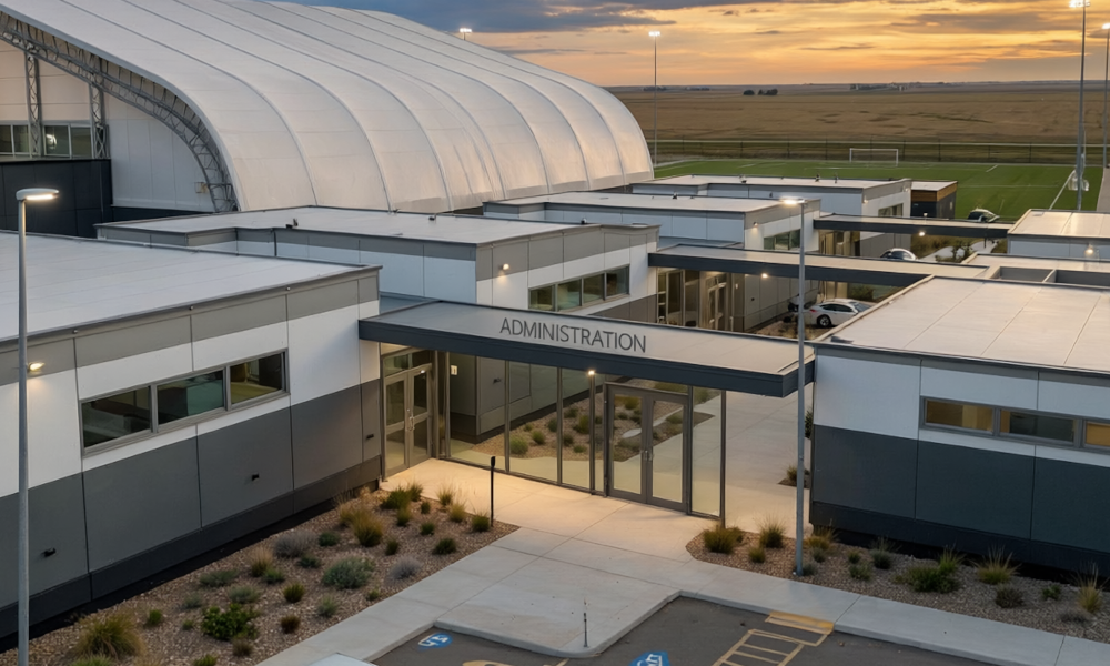 Modern modular office buildings arranged as small administrative complex next to sports facility, clean white and grey exterior finishes, covered walkway connecting units, professional signage, flat Alberta prairie landscape, professional architectural photography