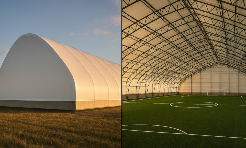 Large white double truss structure covering a soccer field, modern engineering design, open span construction, clean lines, minimalistic, realistic architectural render, clear-span interior visible with green artificial turf, professional sports facility quality